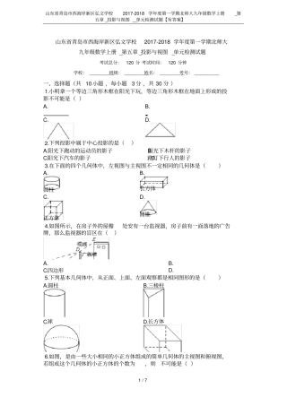 山东青岛西海岸新区弘文学校2017-2018学年第一学期北师大九年级数学上册__投影与视