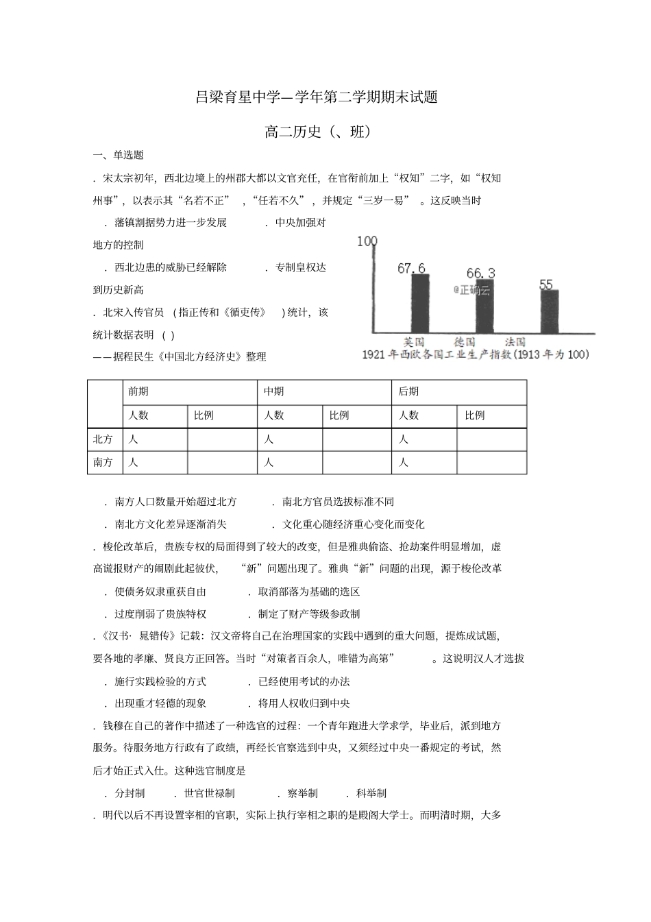山西吕梁育星中学2018_2019学年高二历史下学期期末考试试题_第1页
