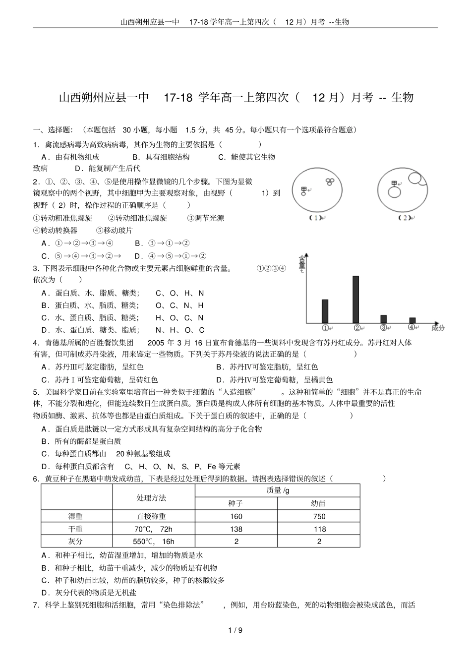 山西朔州应一中17-18学年高一上第四次12月月考--生物_第1页