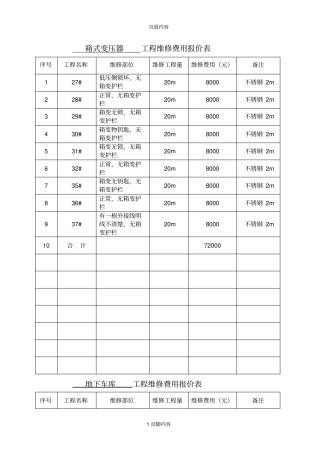 工程维修费用报价表