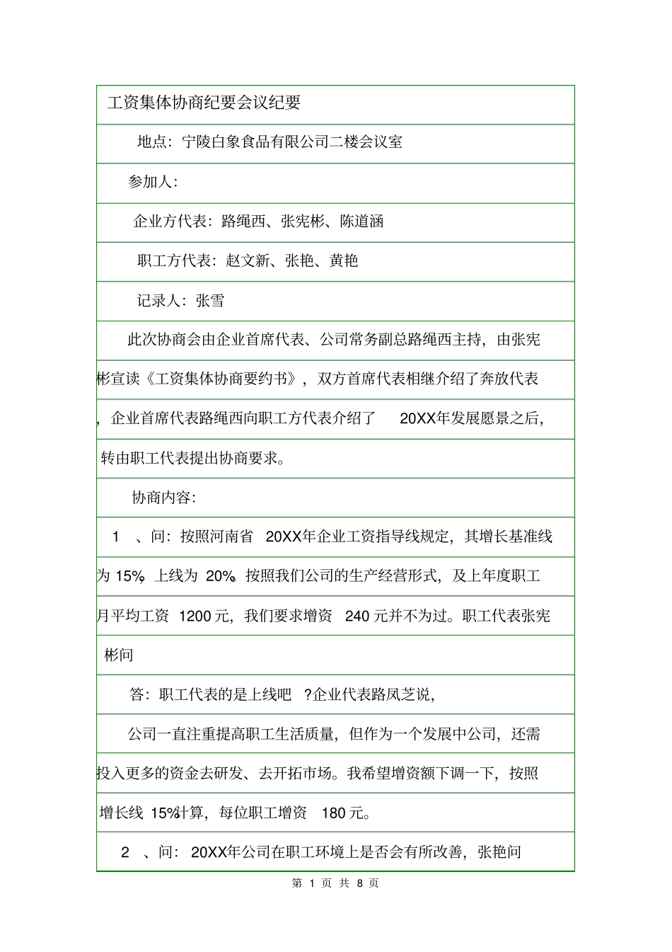 工资集体协商纪要会议纪要_第1页