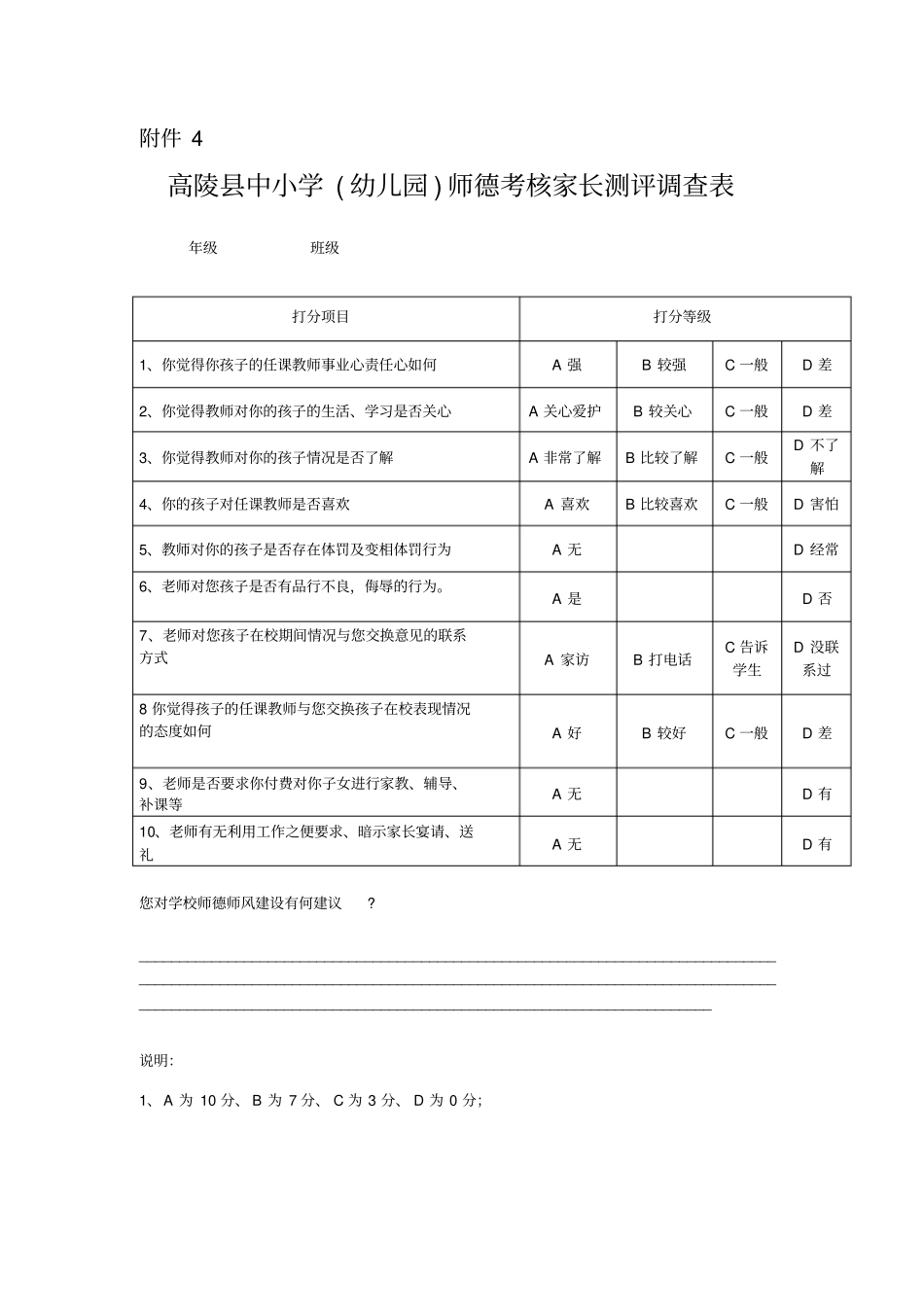 师德考核家长测评用表_第1页