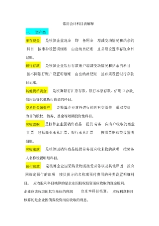 常用会计科目表解释
