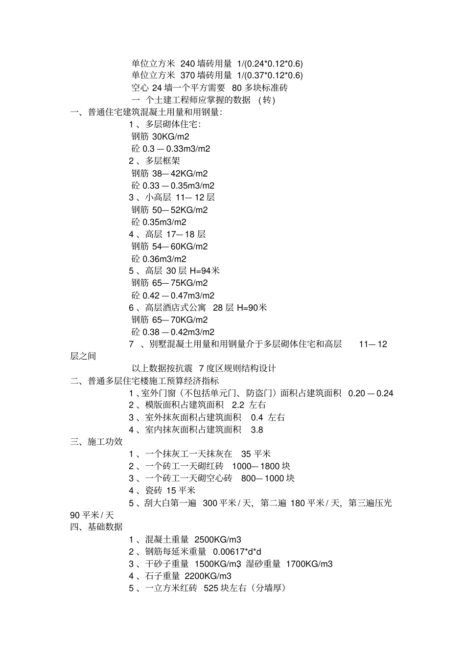 常用普通多层住宅楼施工预算经济指标_第2页
