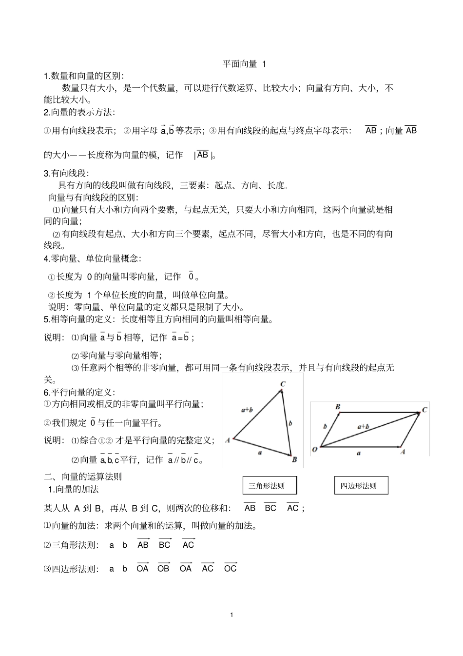 平面向量基本概念与运算法则含基础练习题_第1页