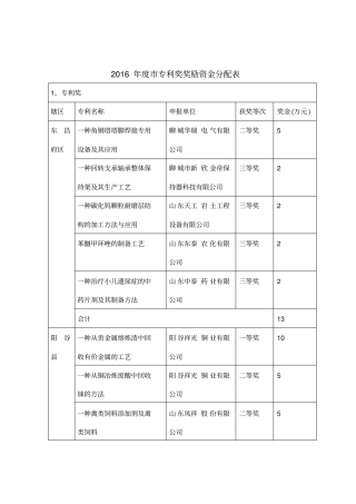 年专利奖奖励资金分配表