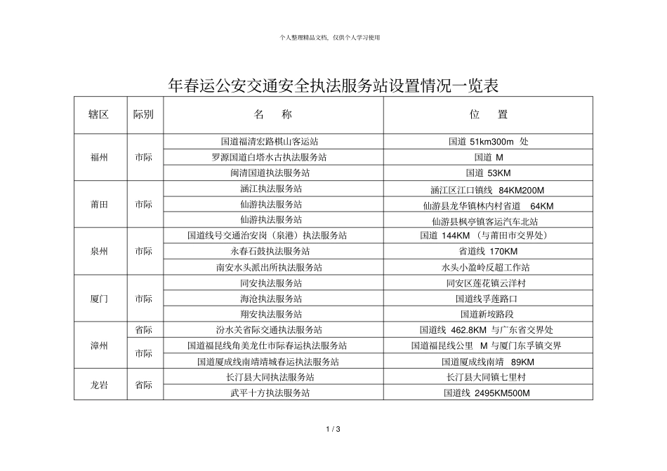 年春运公安交通安全执法服务站设置情况一览表_第1页