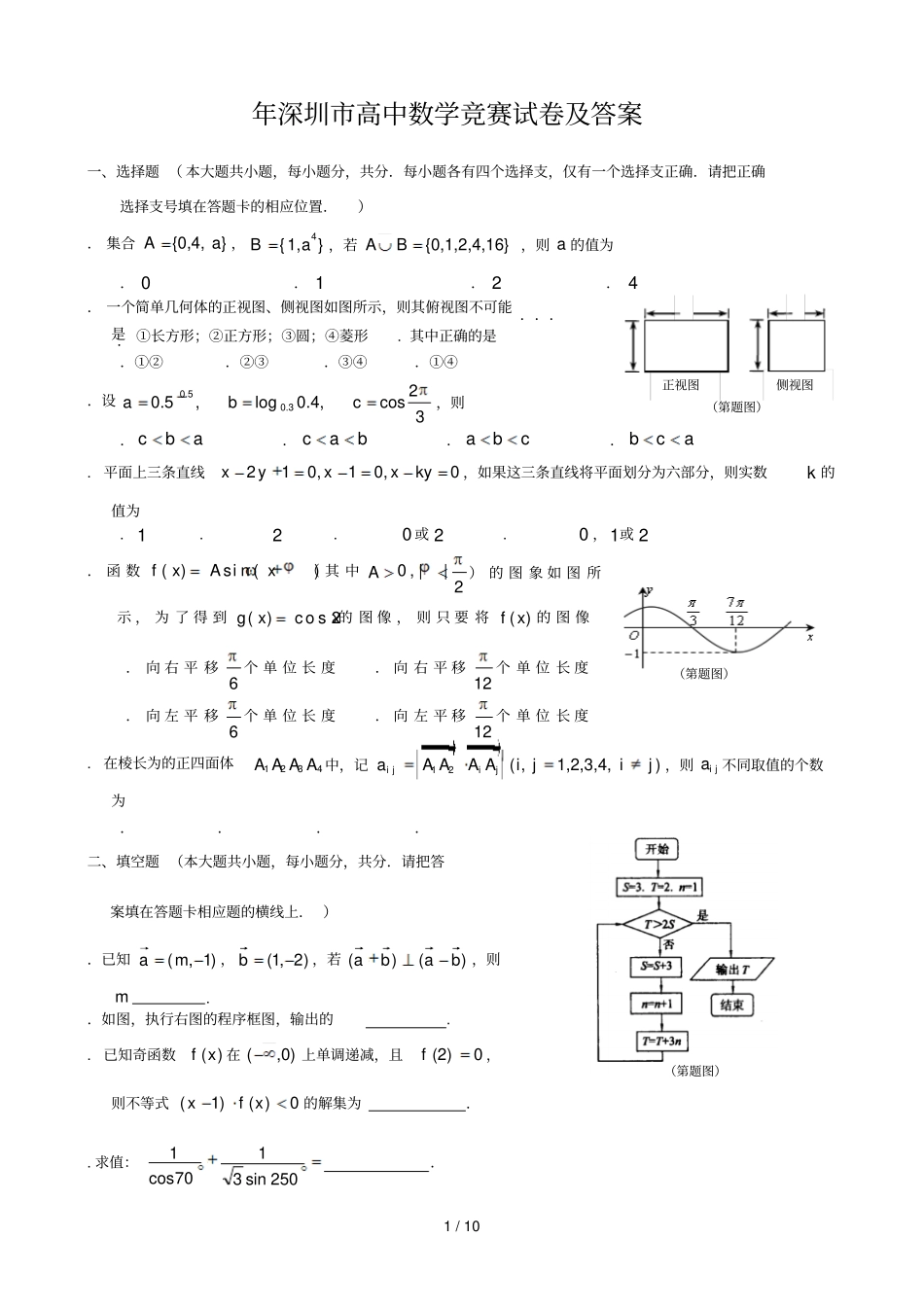 年深圳高中数学竞赛试题及答案_第1页