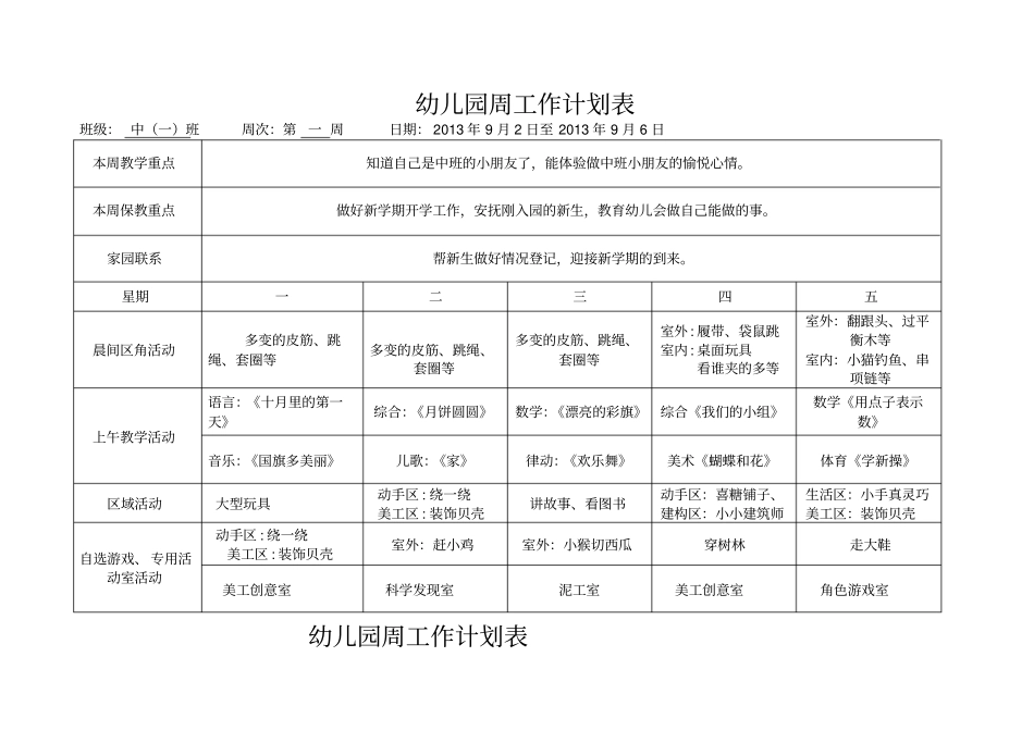 幼儿园中班周计划表_第1页