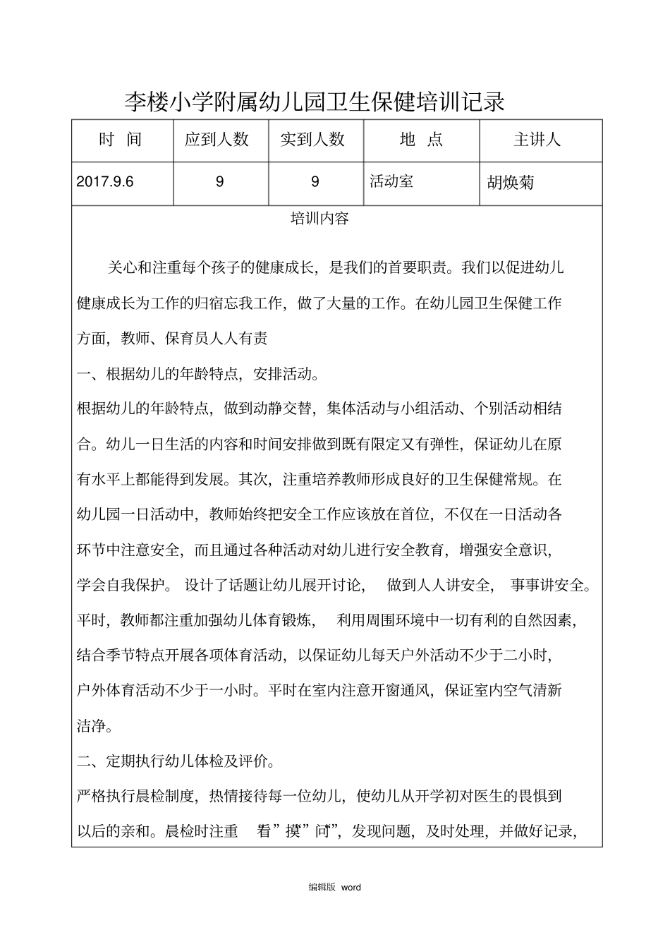 幼儿园卫生保健培训记录_第1页