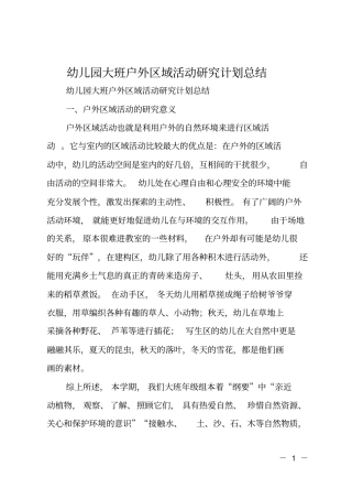 幼儿园大班户外区域活动研究计划总结