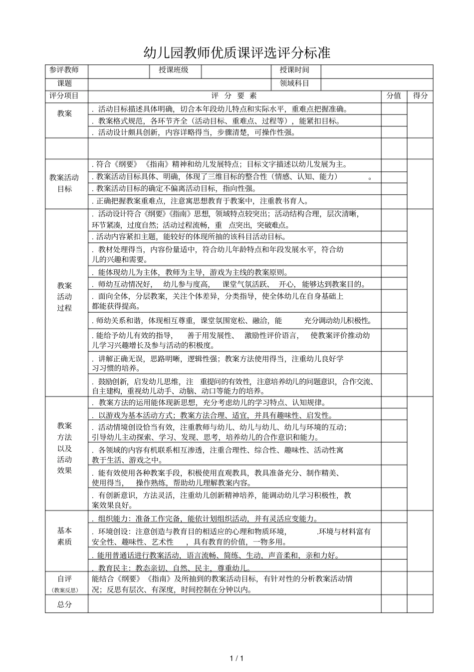 幼儿园教师优质课评选评分标准_第1页