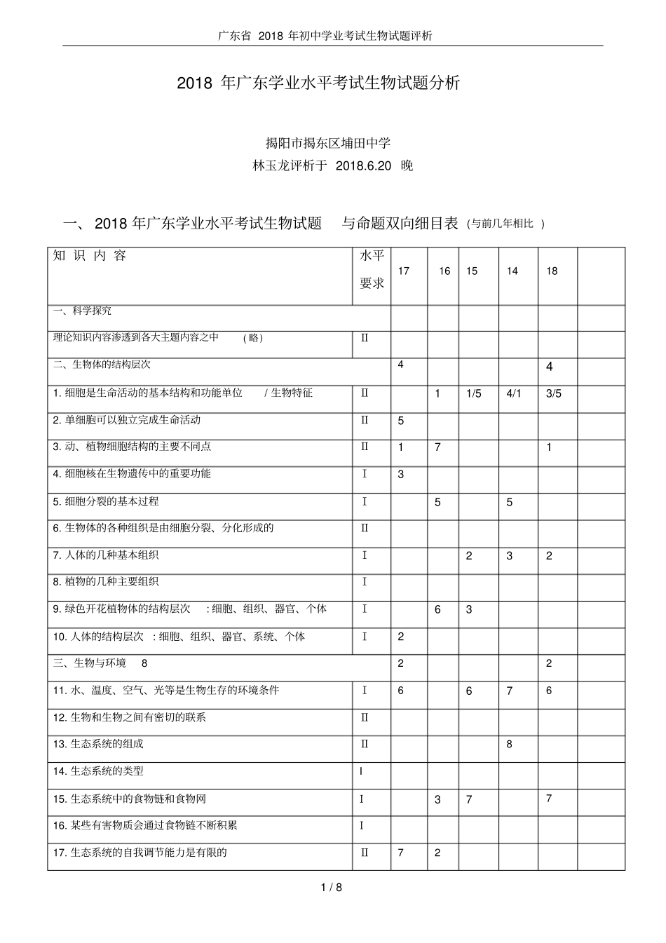 广东2018年初中学业考试生物试题评析_第1页