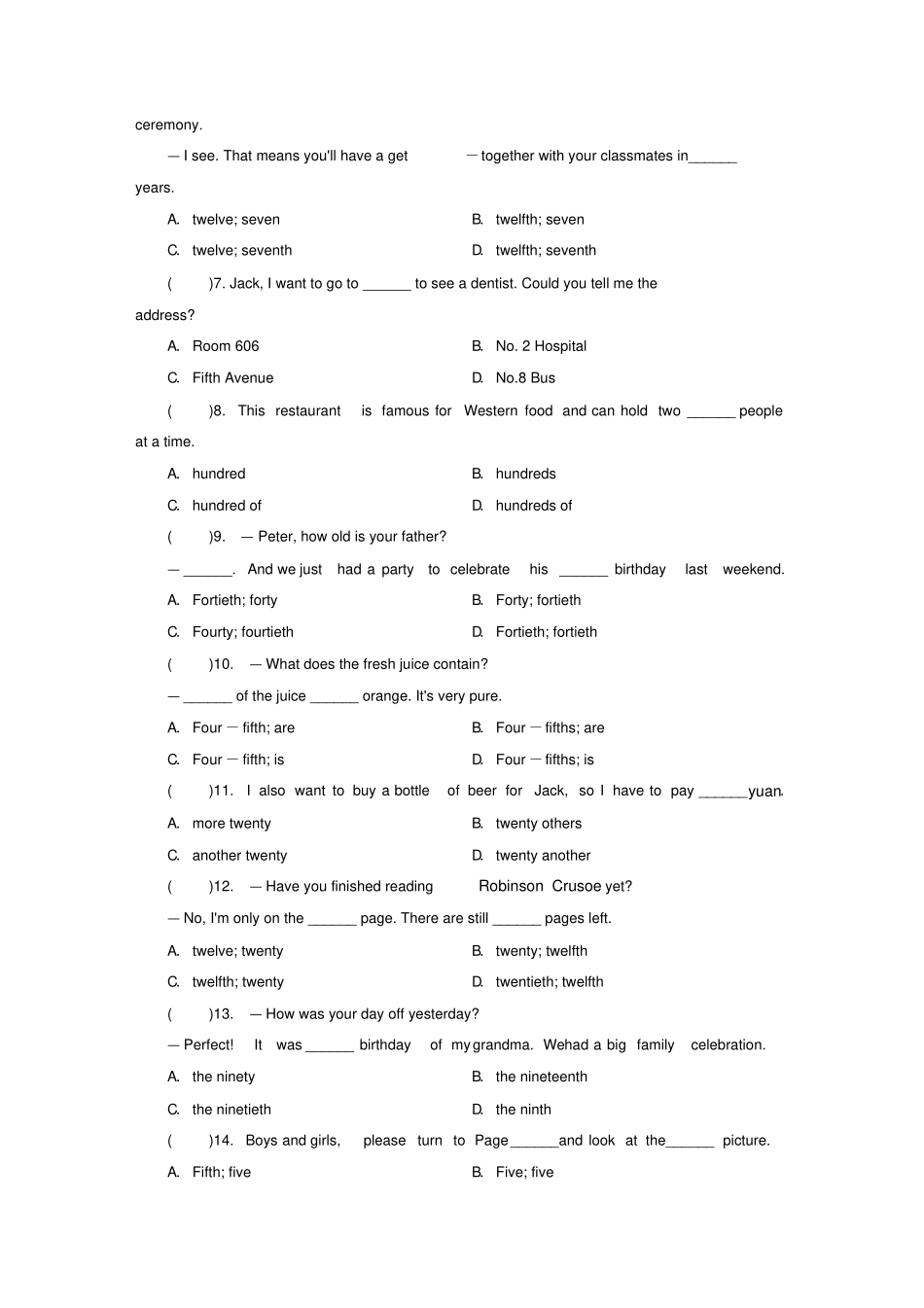 广东2019届中考英语总复习第2部分语法专题复习专题四数词练习_第3页