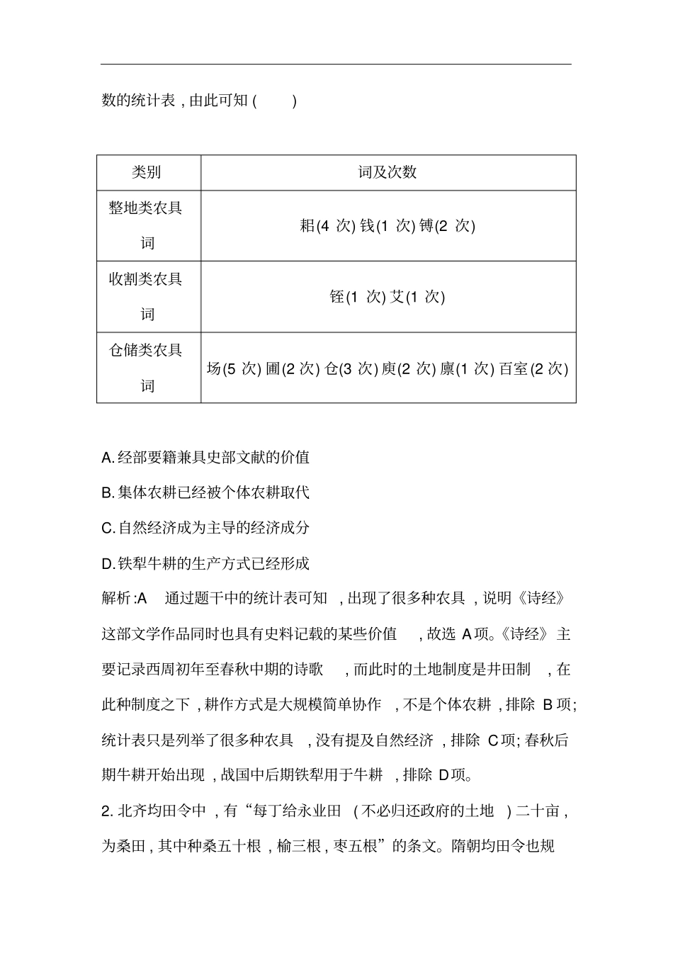 广东2021版新高考选考历史一轮复习人教版：农业的主要耕作方式、土地制度与手工业的发展巩固练含解析_第2页