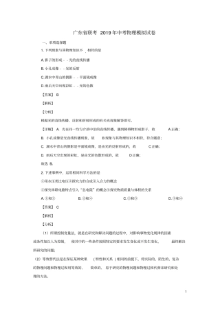广东2019年九年级物理下学期模拟试题含解析
