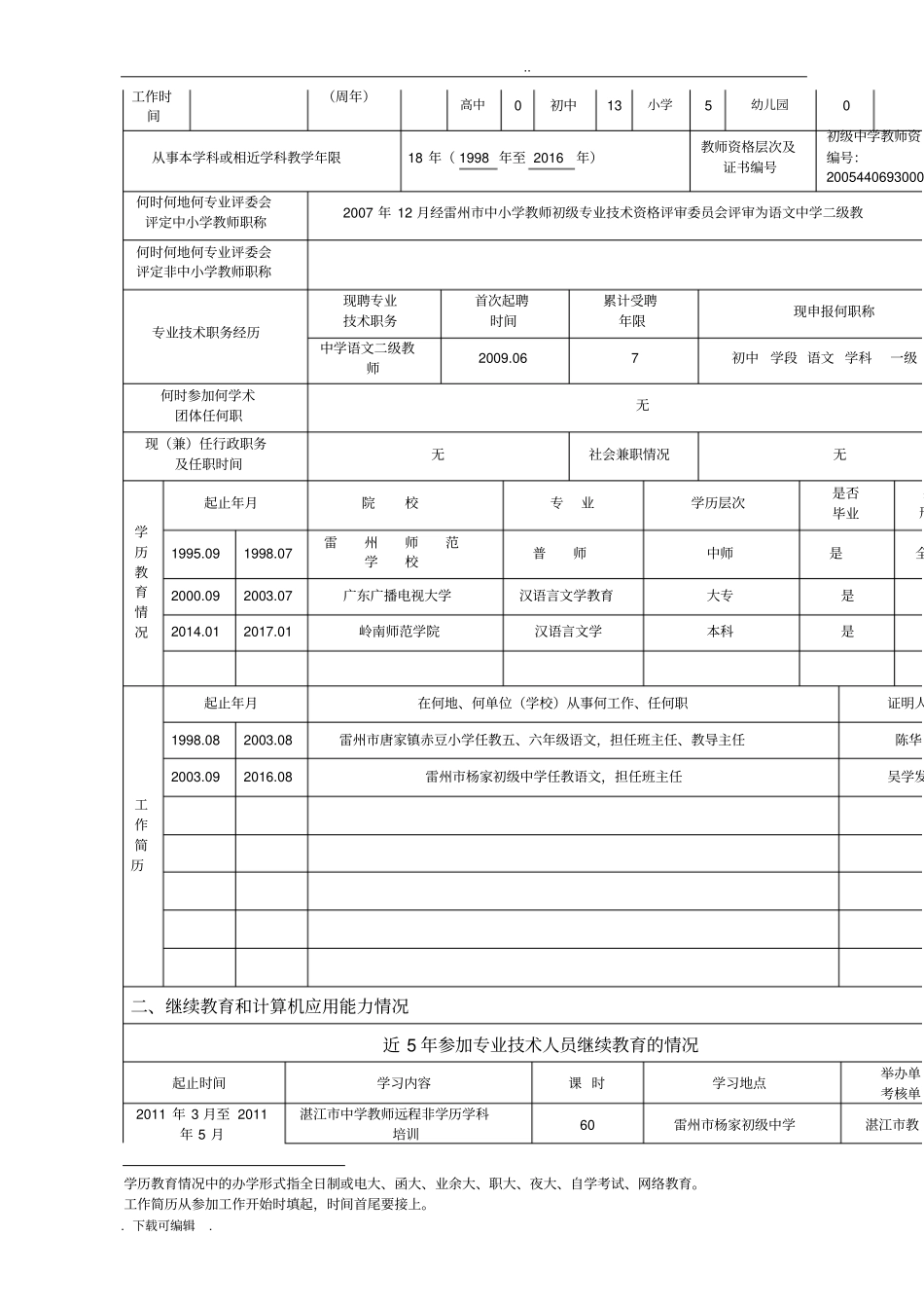 广东中小学教师职称评审申报表_第3页
