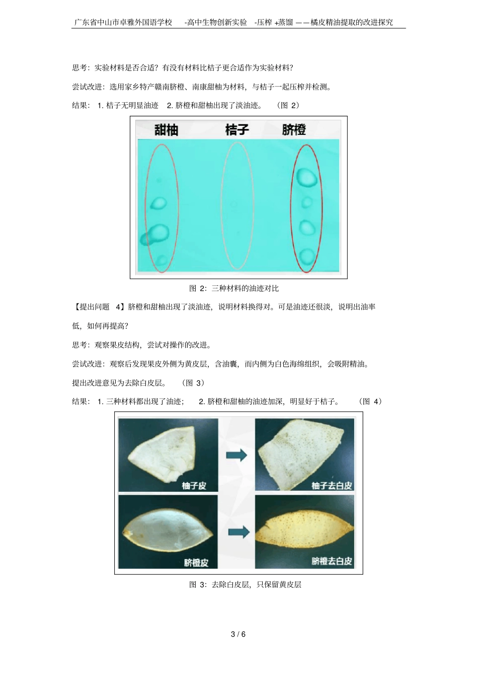 广东中山卓雅外国语学校-高中生物创新试验-压榨+蒸馏——橘皮精油提取的改进探究_第3页