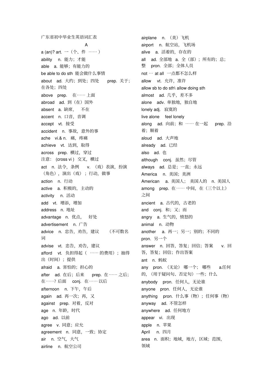 广东初中毕业生学业考试英语词汇表_第1页