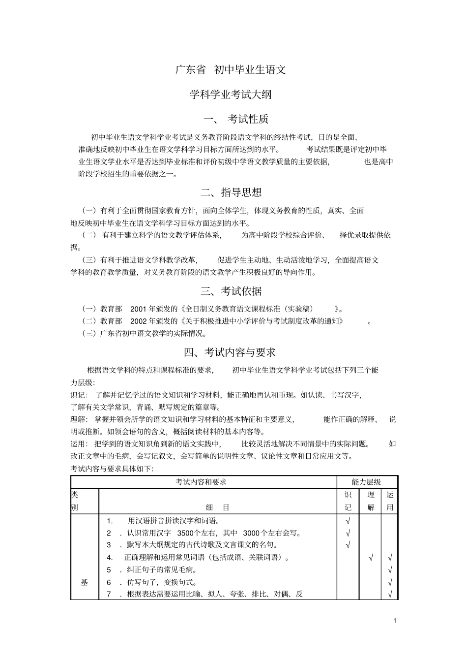 广东初中毕业生语文考试大纲_第1页
