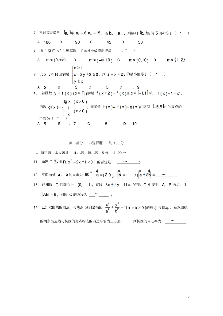 广东广州-高二数学上学期期末考试试卷文新人教A版_第2页