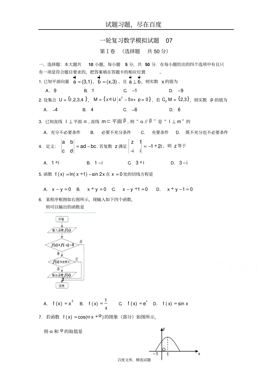 广东深圳普通高中毕业班2019届高考数学一轮复习模拟试题07含答案_第1页