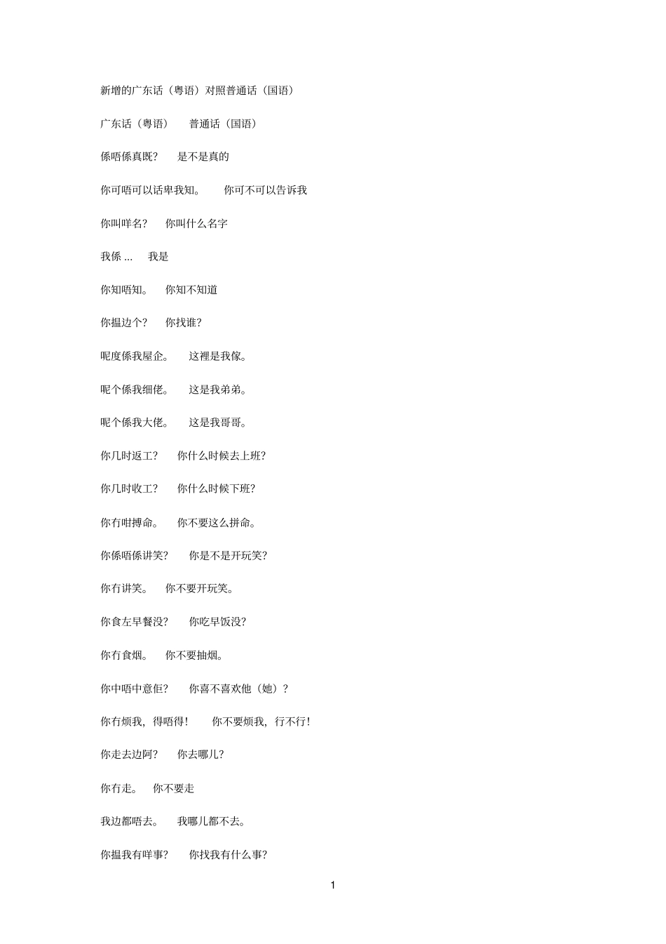 广东话粤语对照普通话国语_第1页