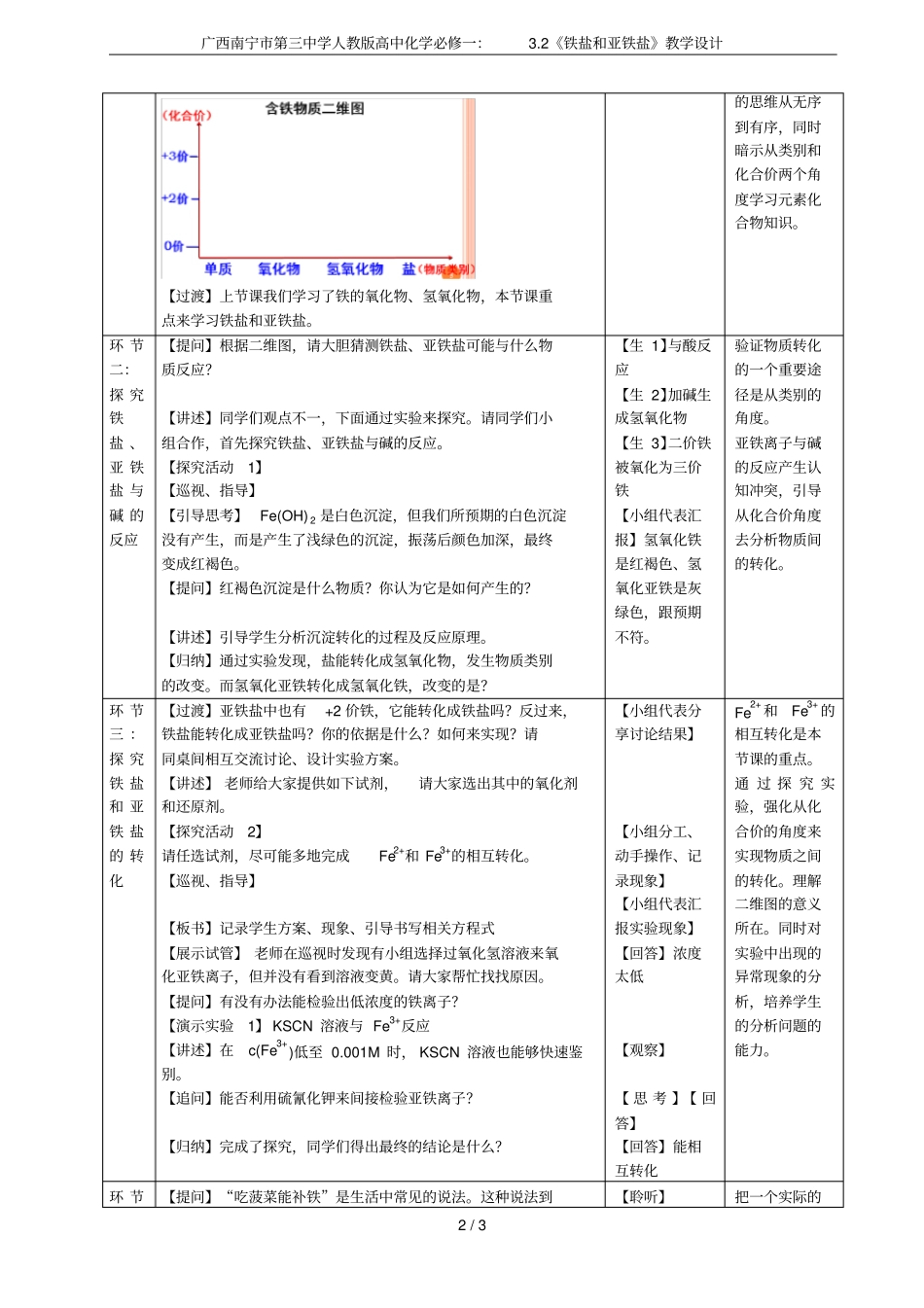 广西南宁第三中学人教版高中化学必修一：2铁盐和亚铁盐教学设计_第2页