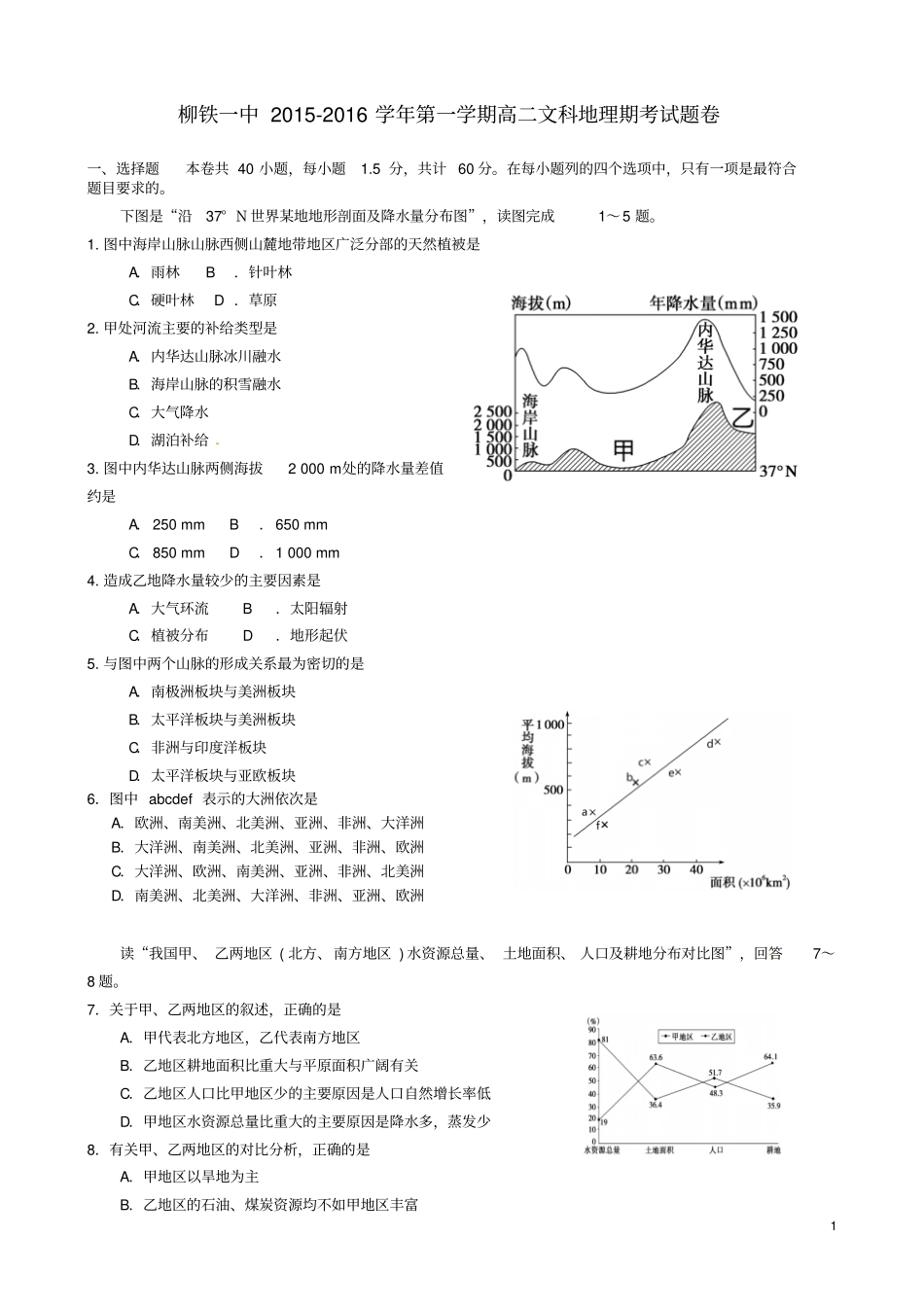 广西柳州铁路第一中学2012016学年高二地理上学期期末考试试题文模板_第1页