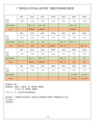广西科技大学2018年成人高考第二期技巧班课程安排表