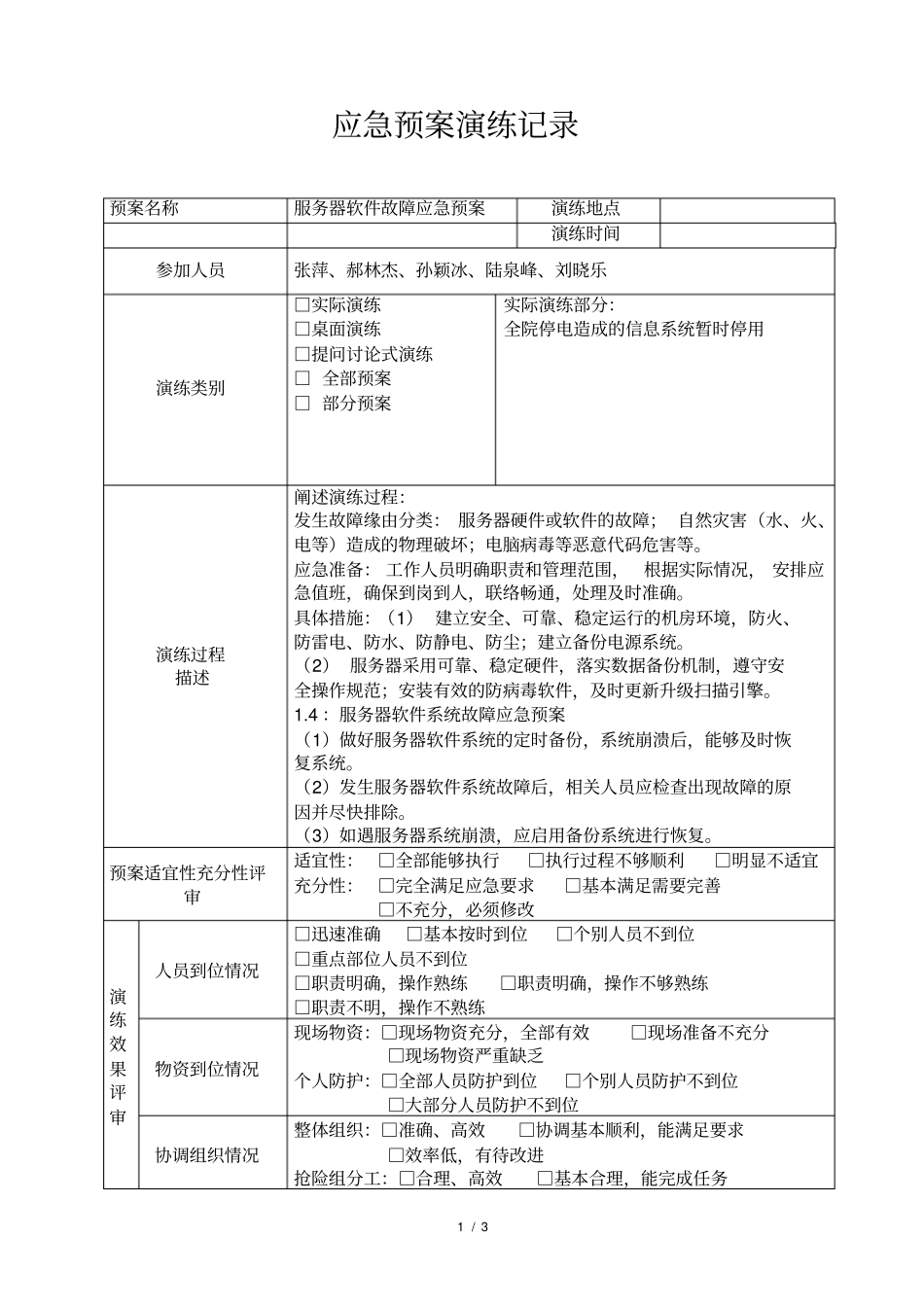 应急预案演练记录表空白_第1页