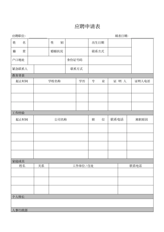 应聘申请表表格格式