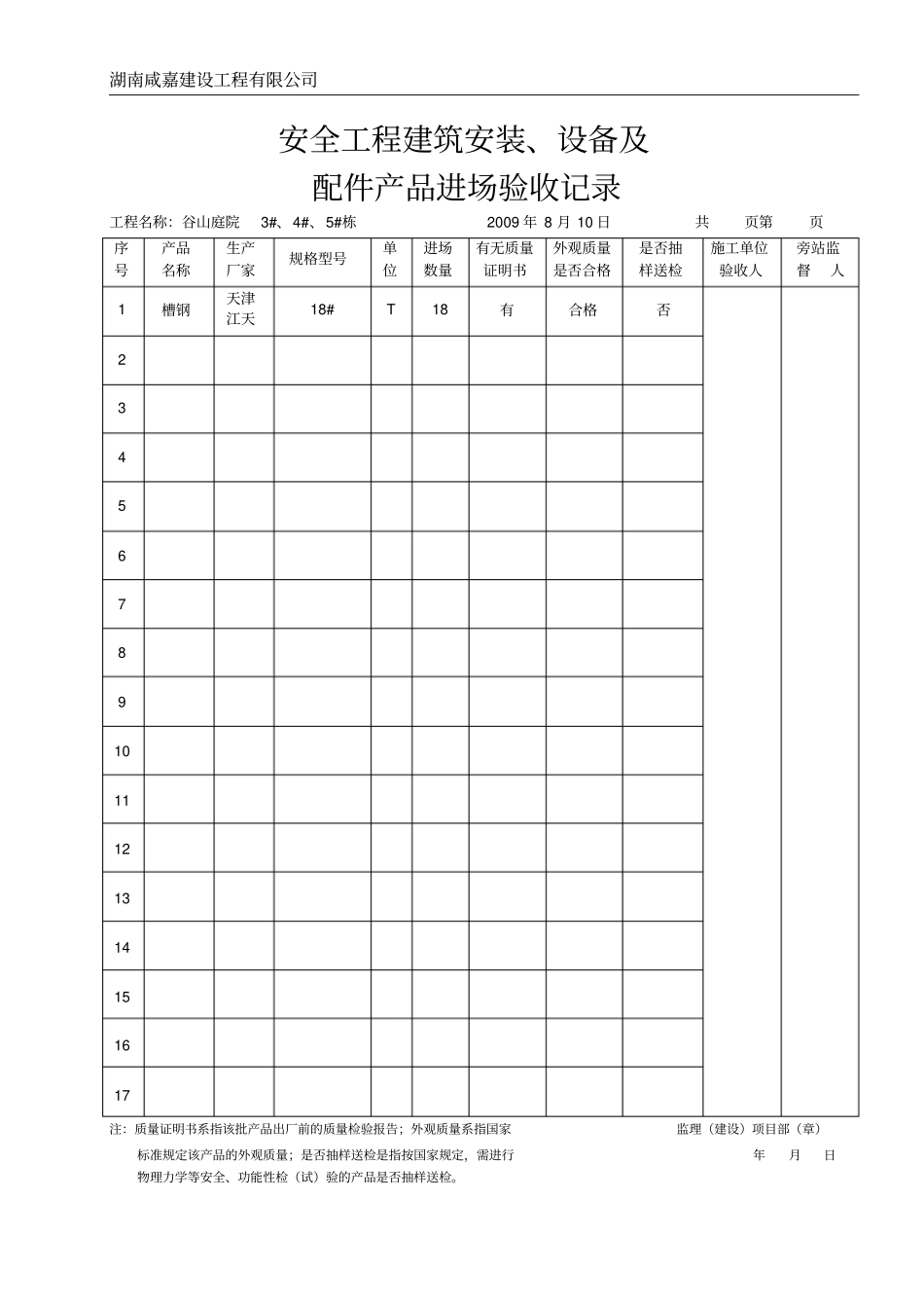 建筑安装材料、设备进场验收记录_第1页