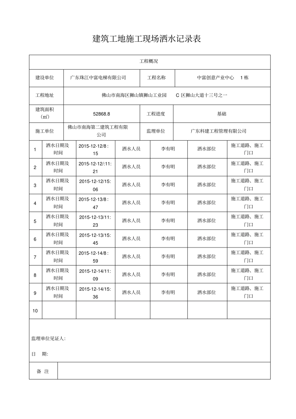 建筑工地施工现场洒水记录表资料_第2页
