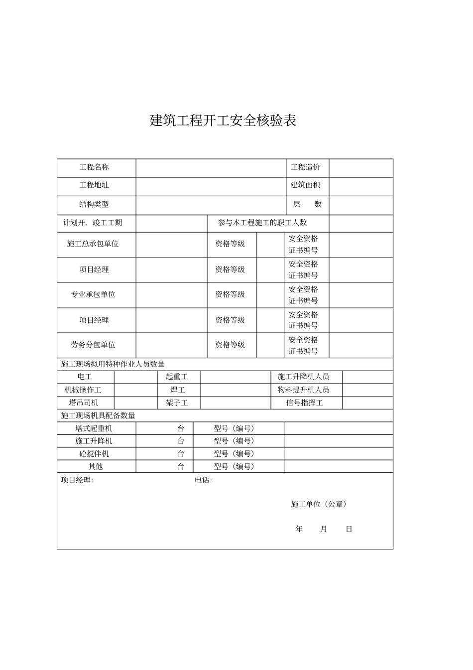 建筑工程开工安全核验表_第1页