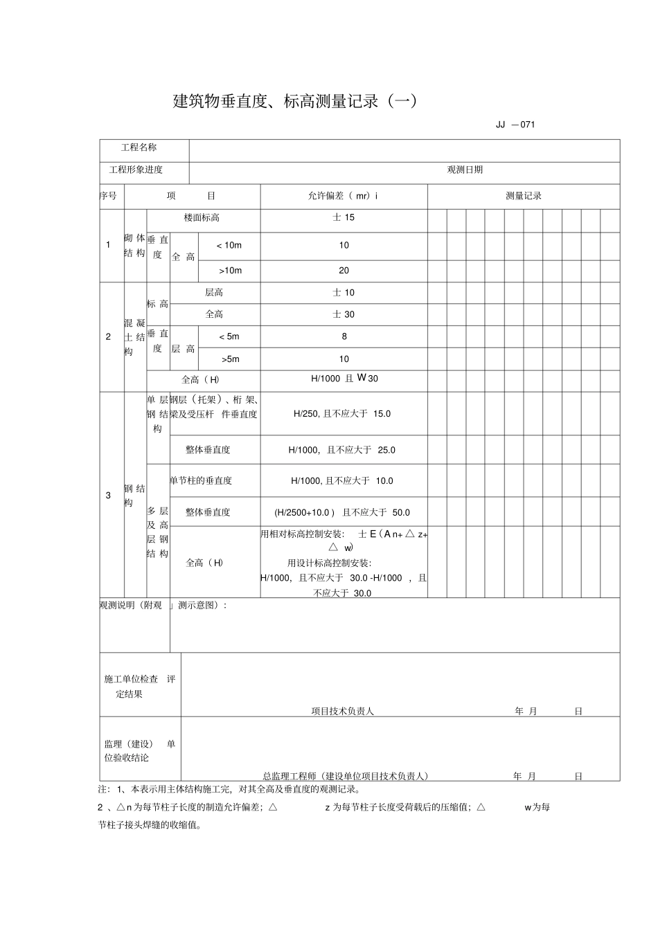 建筑物垂直度、标高测量记录一_第1页