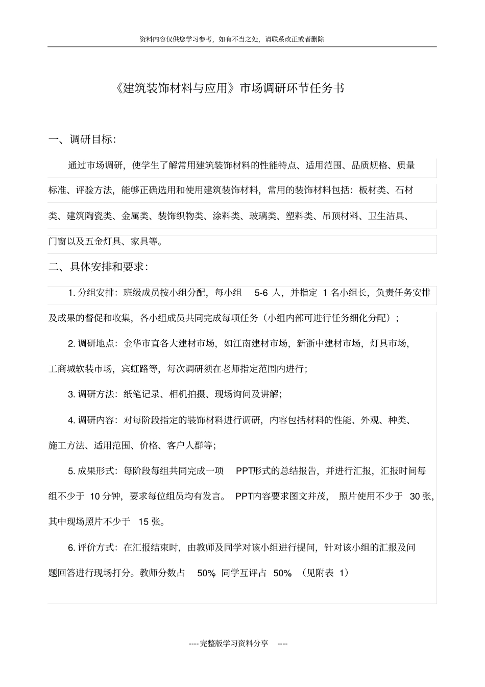建筑装饰材料场调查任务书_第1页
