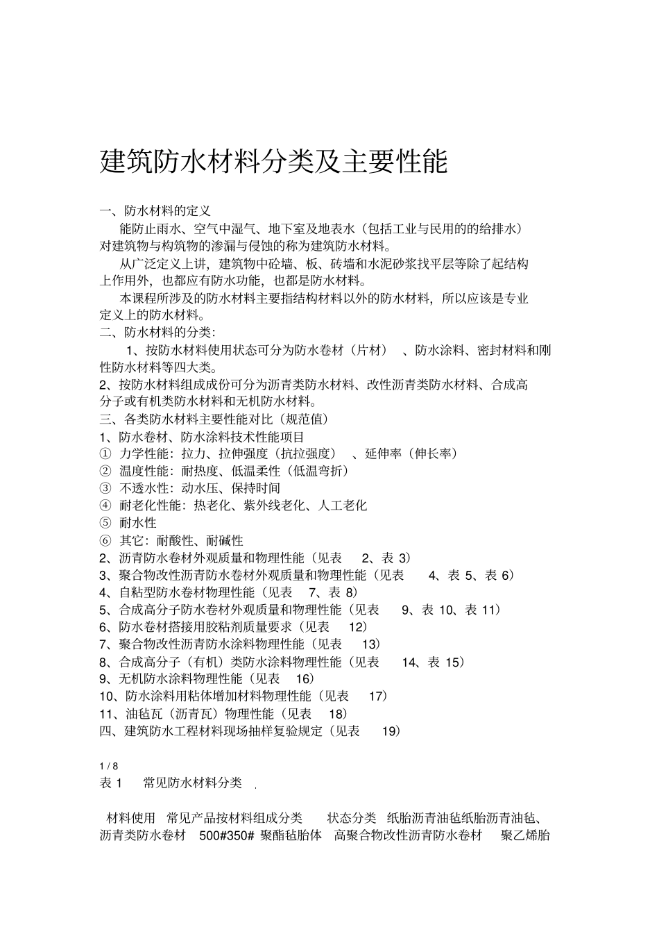 建筑防水材料分类及主要性能_第1页