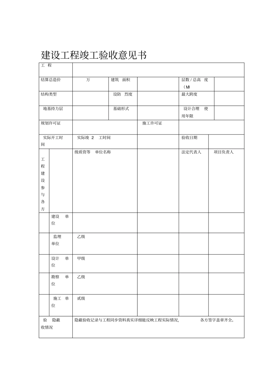 建设单位工程竣工验收意见书_第1页