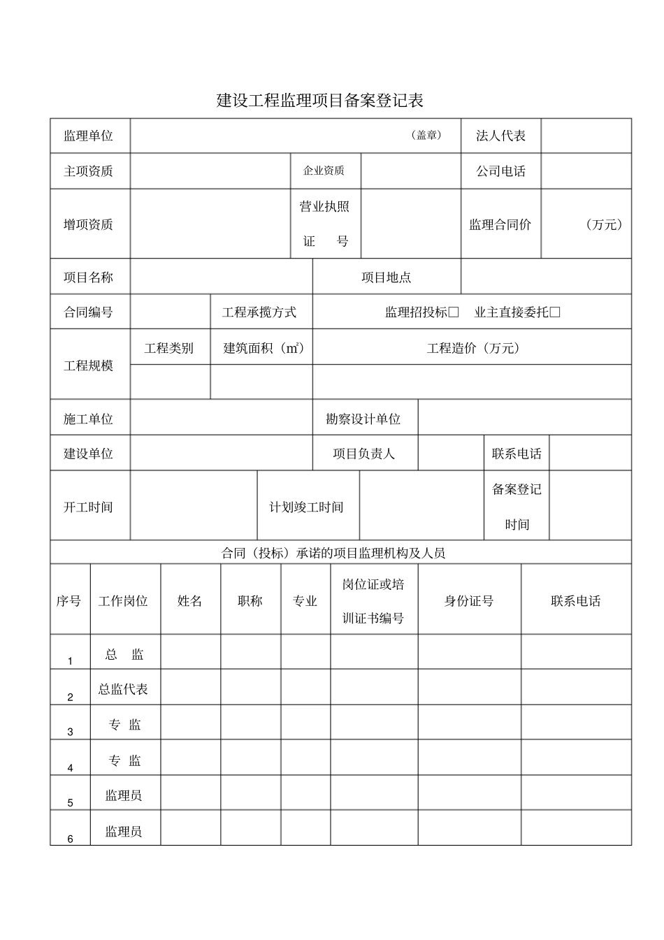 建设工程监理项目备案登记表_第1页