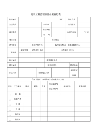 建设工程监理项目备案登记表