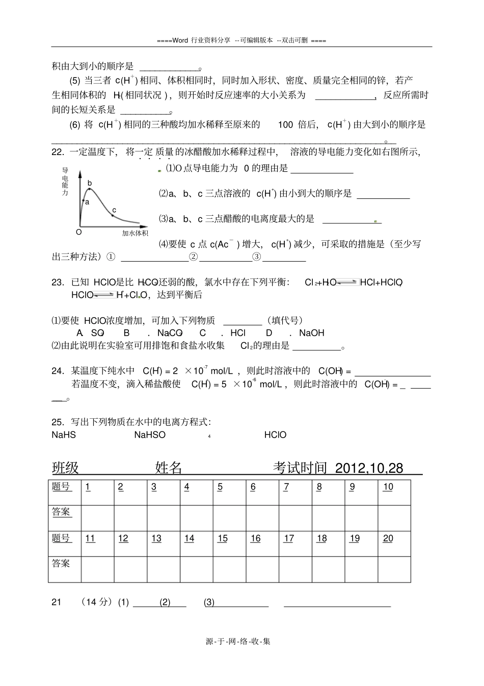 弱电解质的电离平衡测试题_第3页