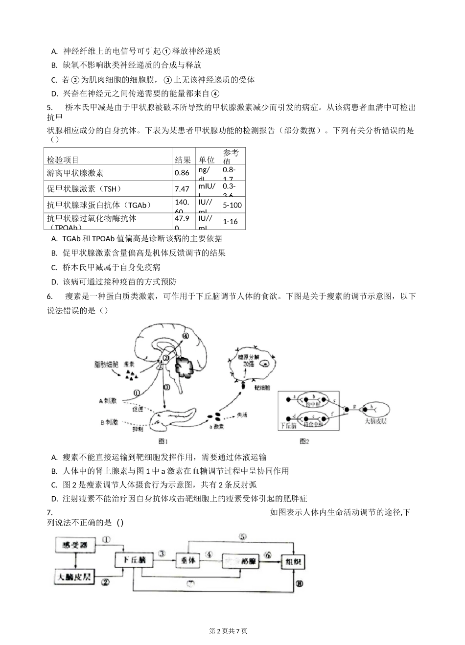 2020年高考生物神经调节和体液调节专题_第2页