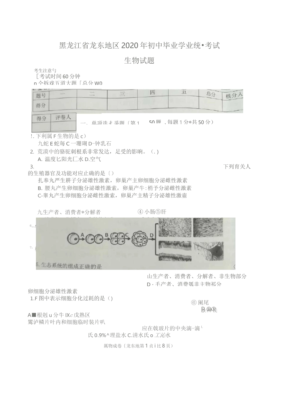 2020黑龙江省龙东地区生物结业试题_第1页
