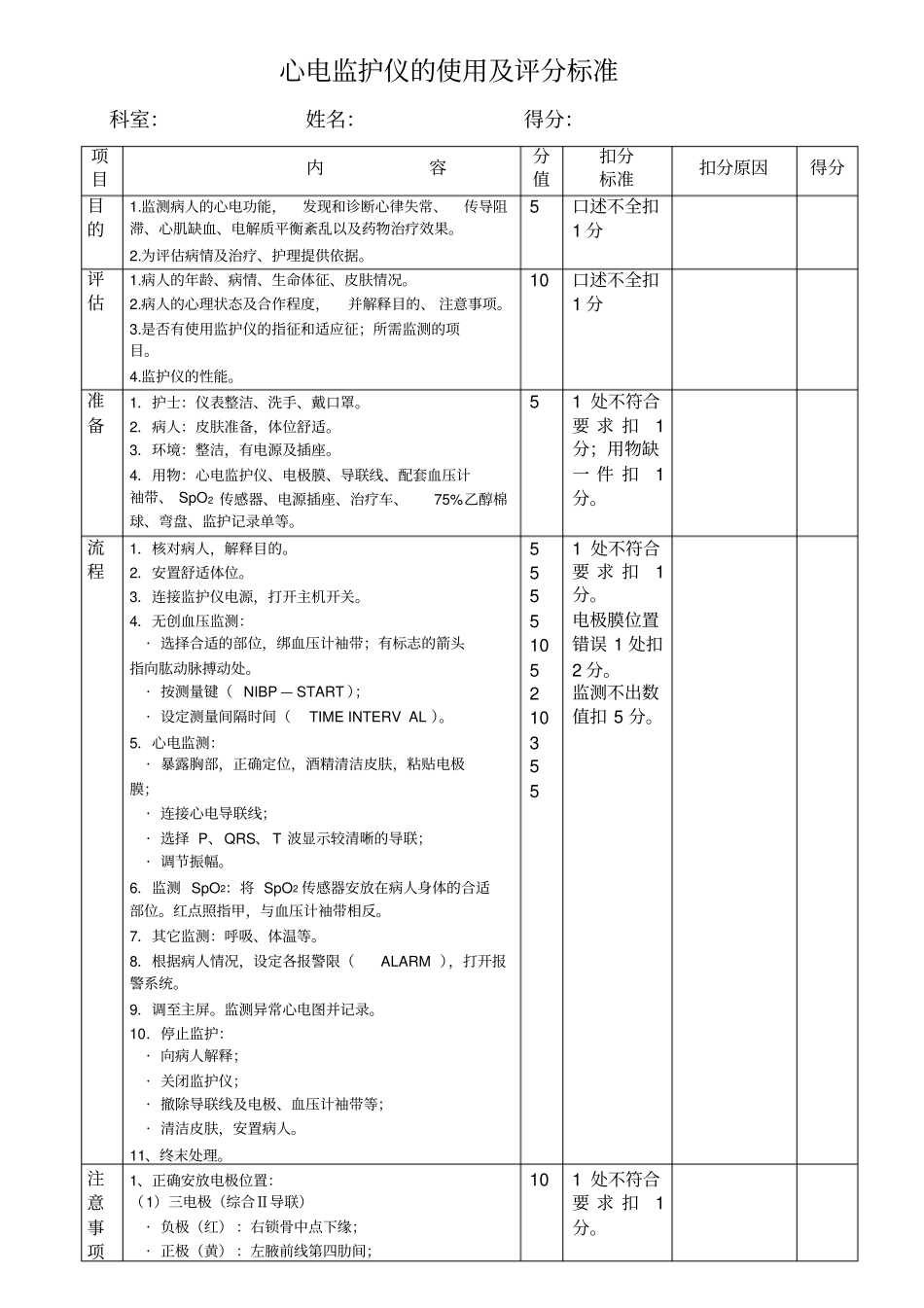 心电监护仪的使用及评分标准_第1页