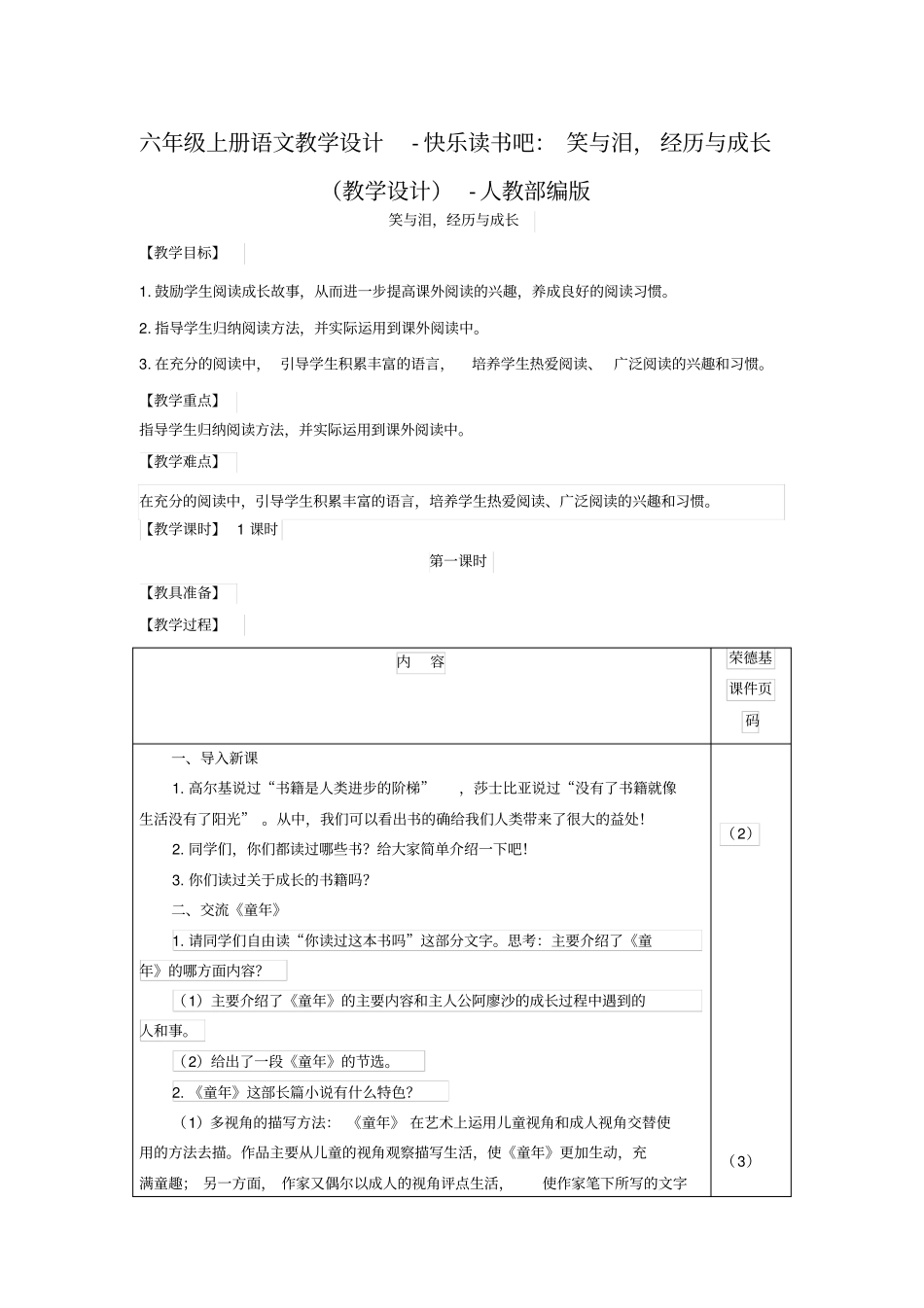 快乐读书吧：笑与泪,经历与成长教学设计1_第1页