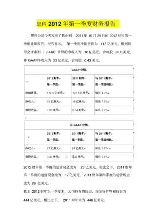 思科2012年第一季度财务报告