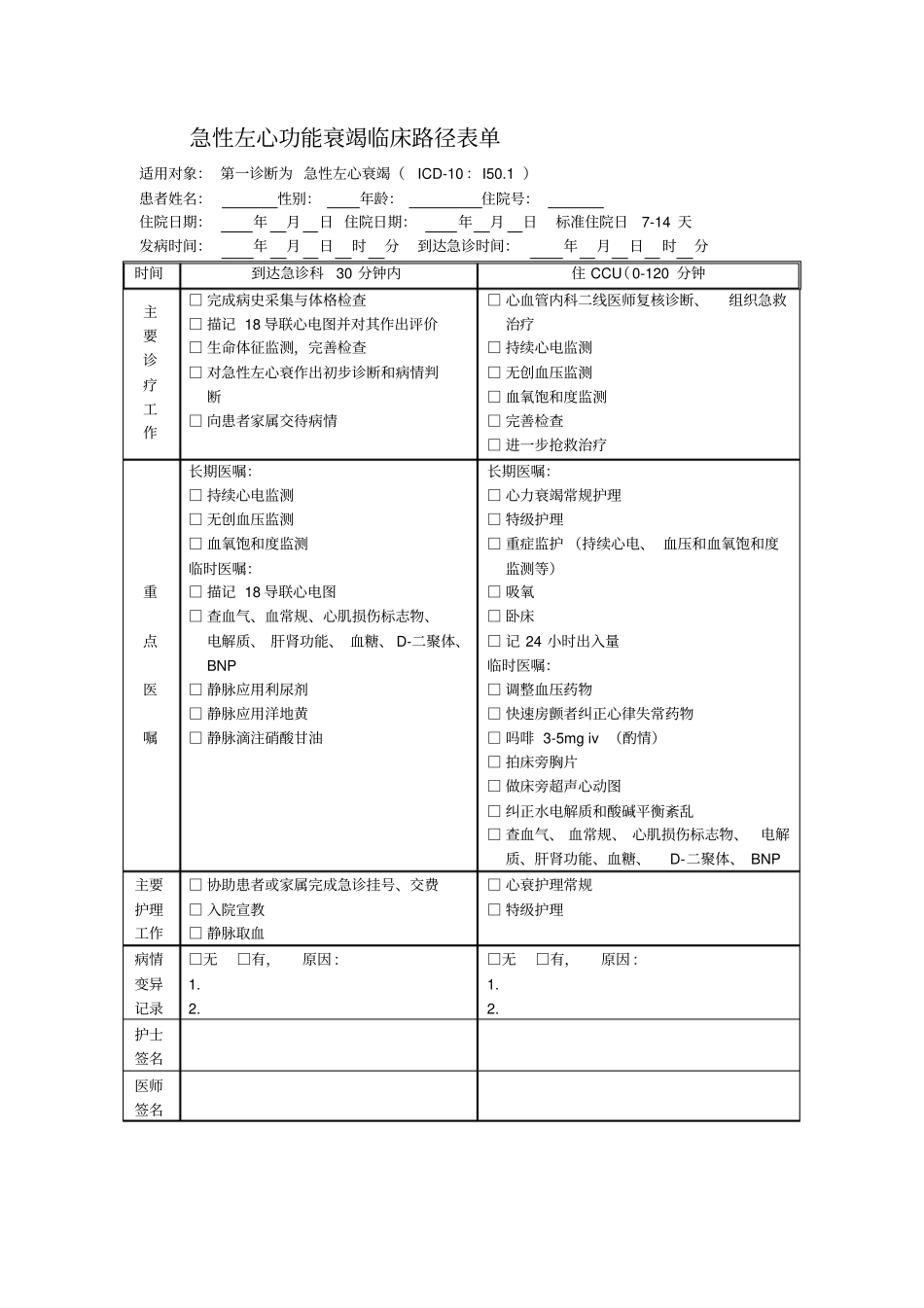 急性左心功能衰竭临床路径表单_第1页