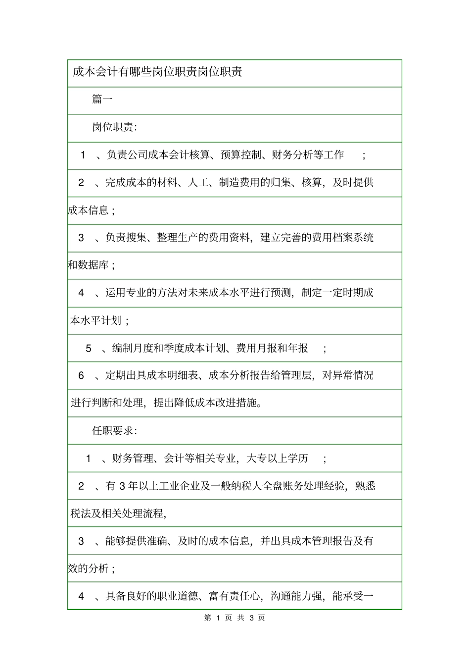 成本会计有哪些岗位职责岗位职责_第1页