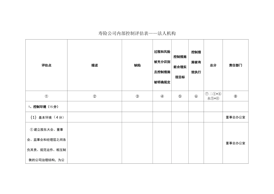 寿险公司内部控制评估表_第1页
